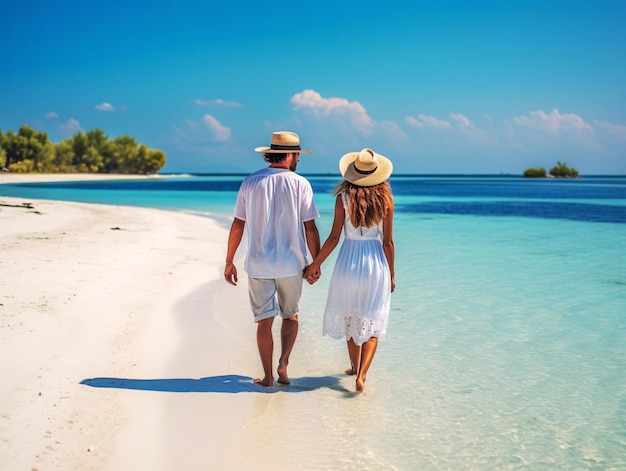 Gelukkig stel geniet van een romantische wandeling langs het zandstrand vastgelegd door generatieve AI