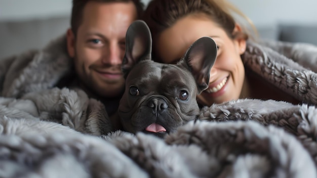 Gelukkig stel knuffelt met een schattige Franse bulldog onder een gezellige deken thuis casual lifestyle snapshot AI