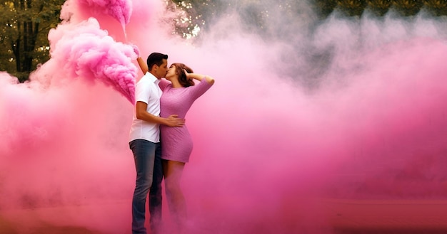 Gelukkig stel met een gender-onthullingsfeest rookgranaat buitenshuis Het is een meisje Gender-onthullingsfeest