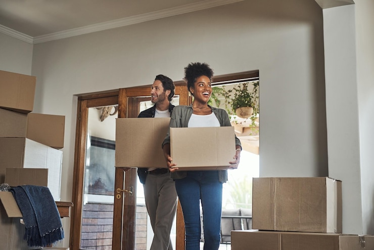 Foto gelukkig stel onroerend goed en dozen in nieuw huis voor renovatie, investering of verhuizing samen interraciale man en vrouw onroerend goed eigenaar met doos in huis verhuizing of hypotheek voor onroerend goed
