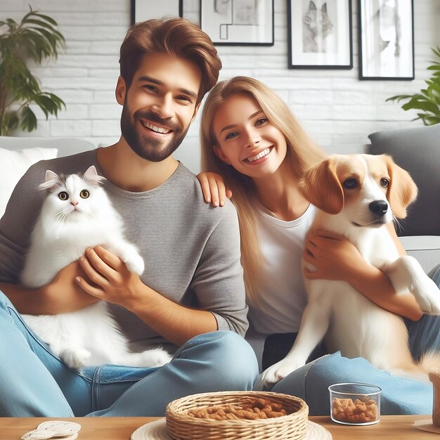 gelukkig stel thuis met favoriete huisdier dat met hun hond speelt gratis foto