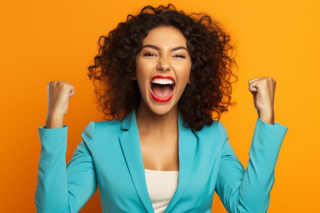 Gelukkig succesvolle jonge vrouw vrouwelijk gezicht schoonheid portret vreugdevolle handen omhoog krullend haar geluk