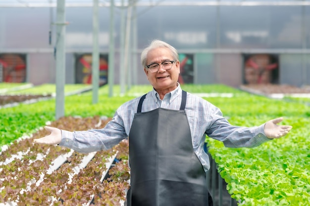 Foto gelukkig succesvolle senior aziatische man boer met open armen om zijn kas hydrocultuur boerderij te presenteren