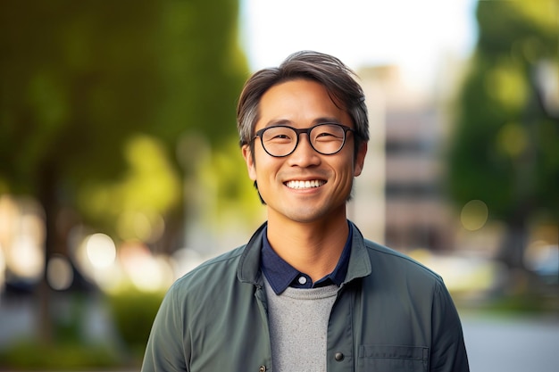 Gelukkig tevreden Aziatische man met bril portret buiten generatieve Ai