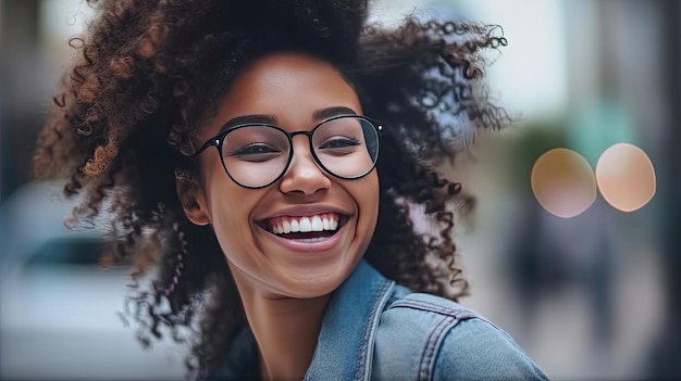Gelukkig tevreden zwarte mensenmeisje die glazenportret dragen buiten Generative Ai
