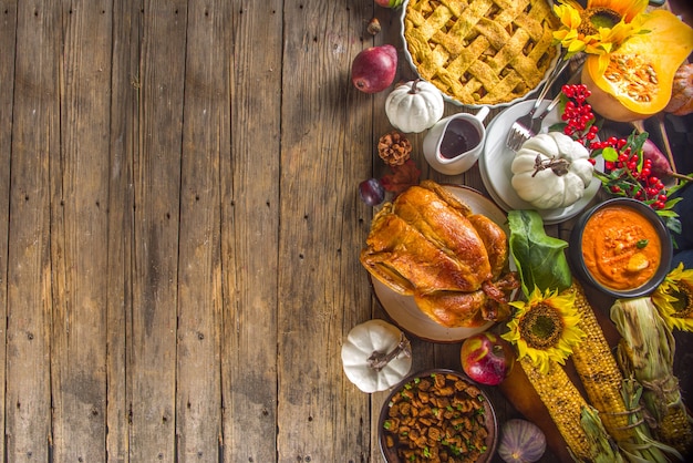 Gelukkig Thanksgiving-concept. Thanksgiving day-diner met traditionele maaltijd en eten - sperziebonen, aardappelpuree, cranberrysaus, pompoensoep, herfstfruit, groenten