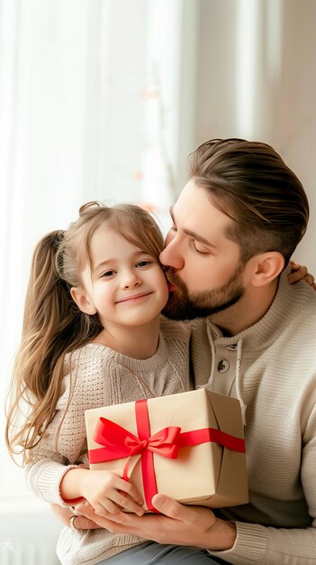 gelukkig vadersdag viering foto met dochter geven geschenk aan vader knuffelen en kussen op de wangen