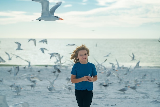 Gelukkig verbaasd kind dat vogels achtervolgt kind dat vogels achtervolgt in de buurt van het strand op zomerdag kind en zeemeeuw