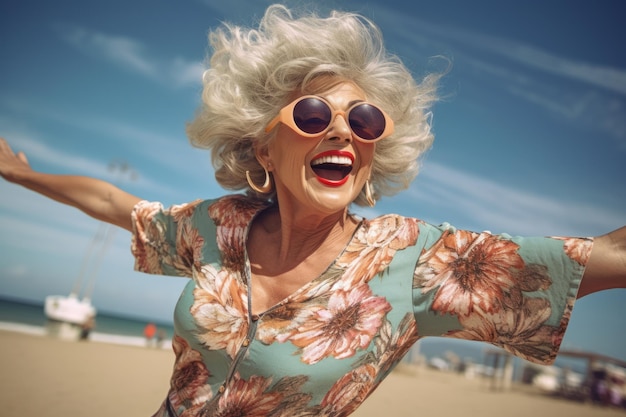 Gelukkig volwassen vrouw danst op een strand Mooie illustratie foto Generatieve AI
