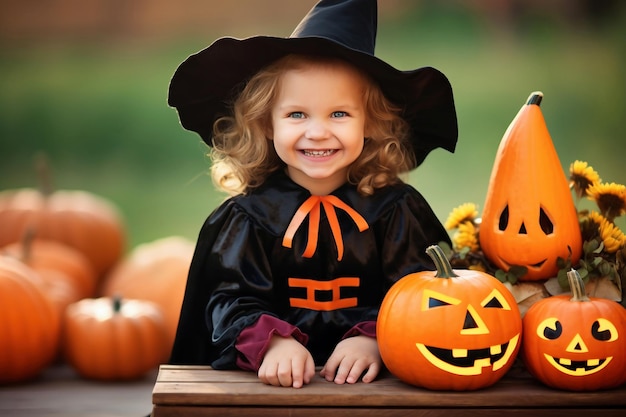 Gelukkig vrolijk klein meisje verkleed als een heks of een kwade tovenares in make-up heeft plezier tijdens de Halloween-viering Feestelijk kostuum Jack-lantaarn