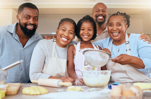 Gelukkig zwart familieportret bak- of kookonderwijs in de keuken voor het leren van pizza's of het onderwijzen van een kind in huis Hobbybakkerij of gelukkig gezin voor liefdesondersteuning of ontbijt thuis