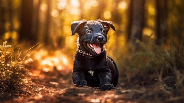 Gelukkig zwart puppy in de natuur Generatieve AI