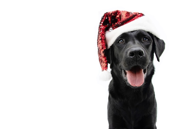 Gelukkig zwarte labrador puppy hondje kerst vieren met een rode glitter kerstman hoed.