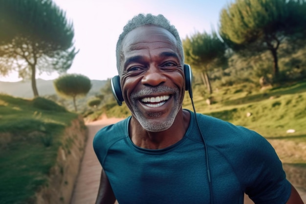 Gelukkig zwarte man loopt in park met muziek Glimlach en simulaties in natuurpark