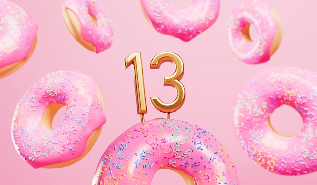 Gelukkige 13e verjaardag viering achtergrond met roze frosted donuts 3D Rendering