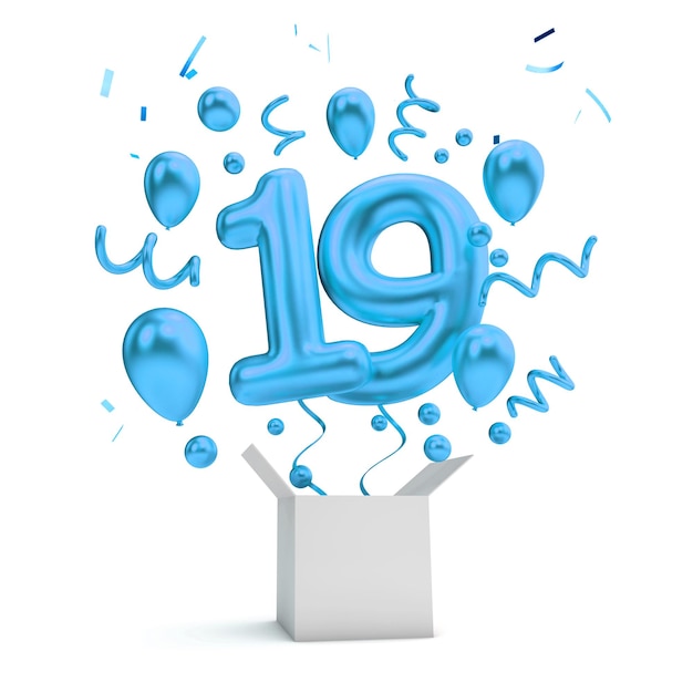 Gelukkige 19e verjaardag blauwe verrassingsballon en doos 3D-rendering