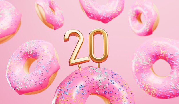 Gelukkige 20e verjaardag viering achtergrond met roze frosted donuts 3D Rendering