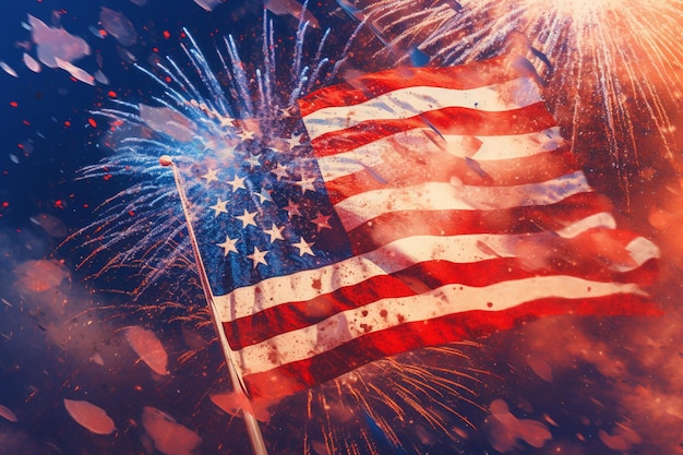 Foto gelukkige 4 juli 2023 usa vlag met vuurwerk in de lucht van levendige podiumachtergronden