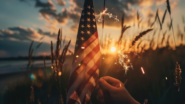 Foto gelukkige 4 juli onafhankelijkheidsdag handen met vonken viering met amerikaanse vlag bij zonsondergang natuur achtergrond zachte focus concept independencememorialveterans