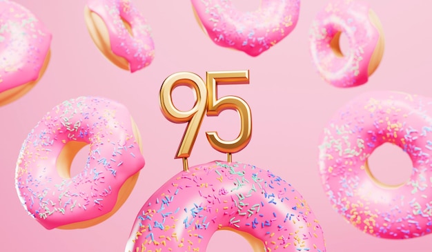 Gelukkige 95e verjaardag viering achtergrond met roze frosted donuts 3D Rendering