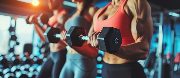 Gelukkige aantrekkelijke sporter traint met dumbbells in het sportcentrum van de sportschool.