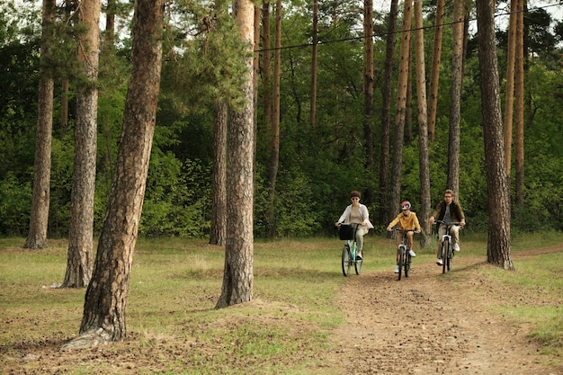 Gelukkige actieve familie van jonge ouders en hun zoon zittend op fietsen terwijl ze vooruit gaan langs een bospad omringd door pijnboomstammen