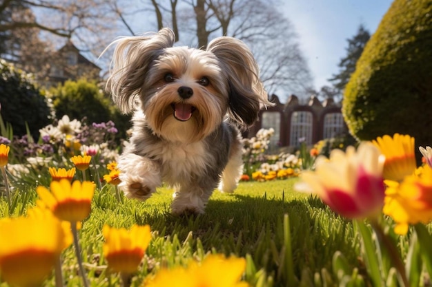 Gelukkige actieve hond die speelt op een kleurrijke tuin.