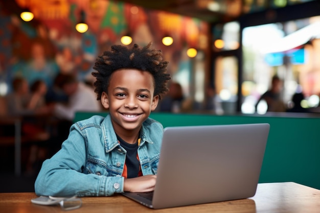 Gelukkige Afrikaans-Amerikaanse kind jongen zit aan tafel met laptop in een café