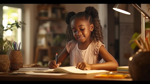 Gelukkige Afrikaans-Amerikaanse kind schoolmeisje doet huiswerk terwijl ze thuis aan het bureau zit