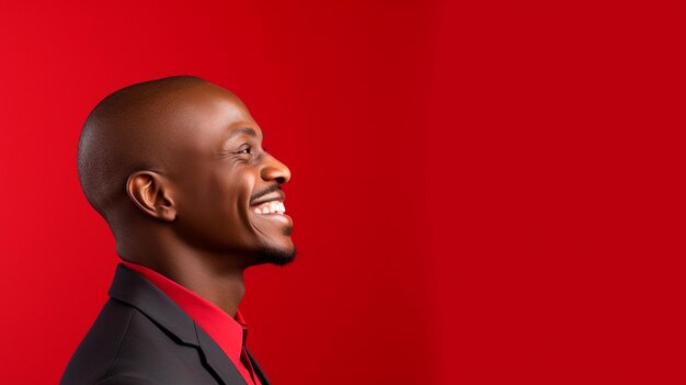 Gelukkige Afrikaans-Amerikaanse zakenman die opzij kijkt terwijl hij op een geïsoleerde rode achtergrond staat