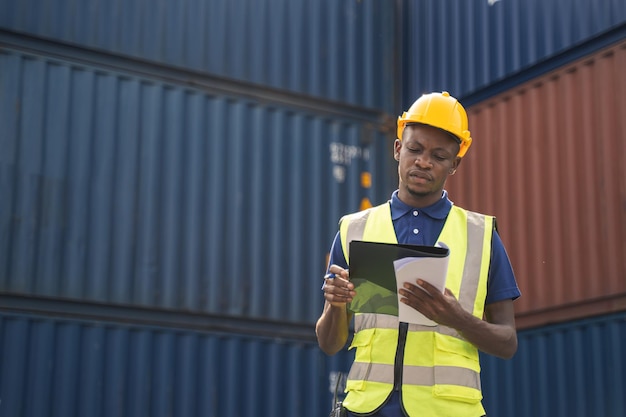 Gelukkige Afrikaanse arbeider die op de containerwerkplaats staat te smailen en armen gekruist met een gevoel van geluk