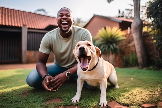 Gelukkige Afrikaanse man speelt en heeft plezier met hond buiten zijn huis