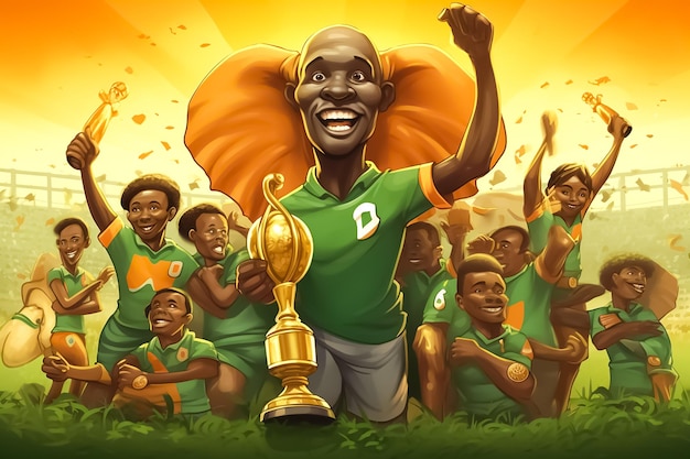 gelukkige afrikaanse voetballers met olifantenkoppen die voetbalshirts dragen die de voetbalwereld ontvangen