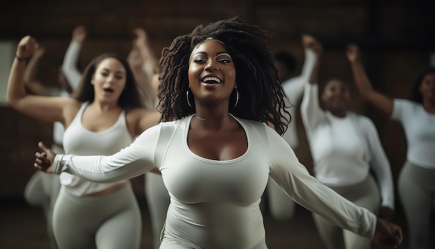 Gelukkige Afrikaanse vrouw met afro en casual kleding die in een menigte in een wit pak danst