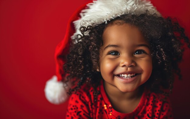 Gelukkige Afro-Amerikaanse baby met een kerstmanhoed op de achtergrond van Kerstmis