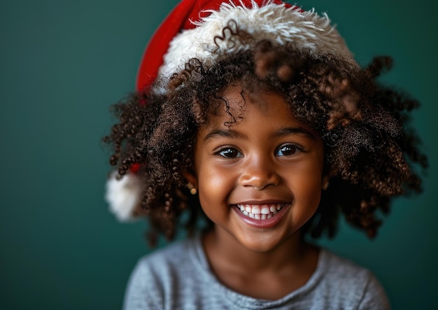 Gelukkige Afro-Amerikaanse baby met een kerstmanhoed op de achtergrond van Kerstmis