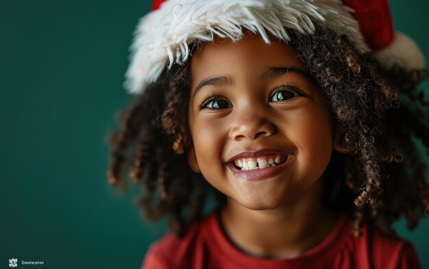 Gelukkige Afro-Amerikaanse baby met een kerstmanhoed op de achtergrond van Kerstmis