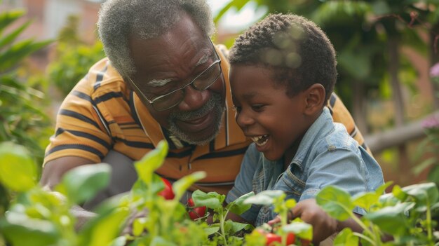 Gelukkige Afro-Amerikaanse grootvader en kleinzoon die samen tuinieren.