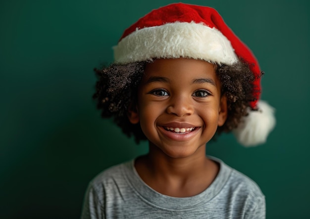 Gelukkige Afro-Amerikaanse jongen die een kerstmanhoed draagt op de achtergrond van Kerstmis