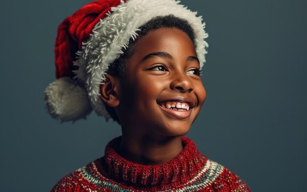 Gelukkige Afro-Amerikaanse jongen die een kerstmanhoed draagt op de achtergrond van Kerstmis