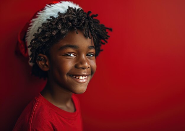 Gelukkige Afro-Amerikaanse jongen die een kerstmanhoed draagt op de achtergrond van Kerstmis