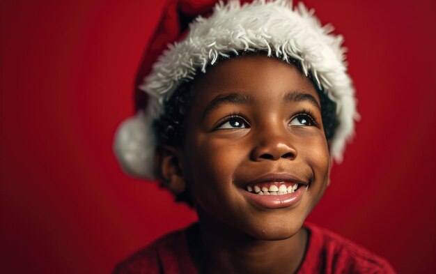 Gelukkige Afro-Amerikaanse jongen die een kerstmanhoed draagt op de achtergrond van Kerstmis