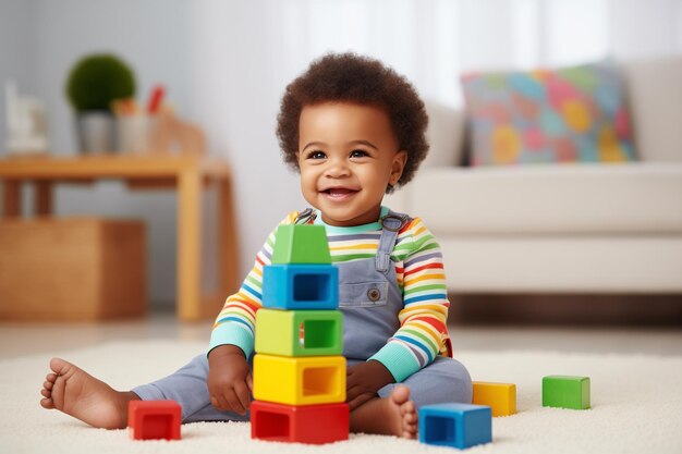 Gelukkige Afro-Amerikaanse jongen die thuis met kleurrijke blokken speelt