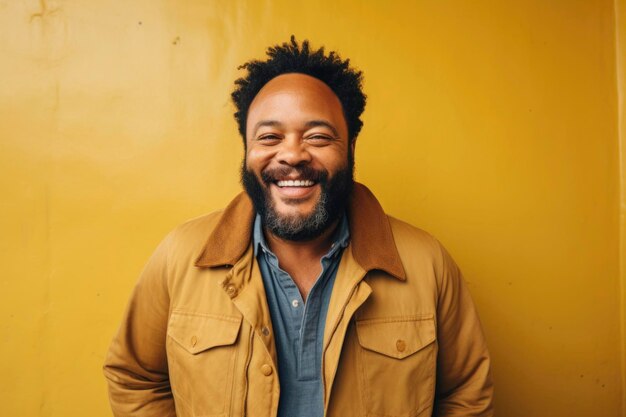 Foto gelukkige afro-amerikaanse man met baard die tegen de gele muur staat