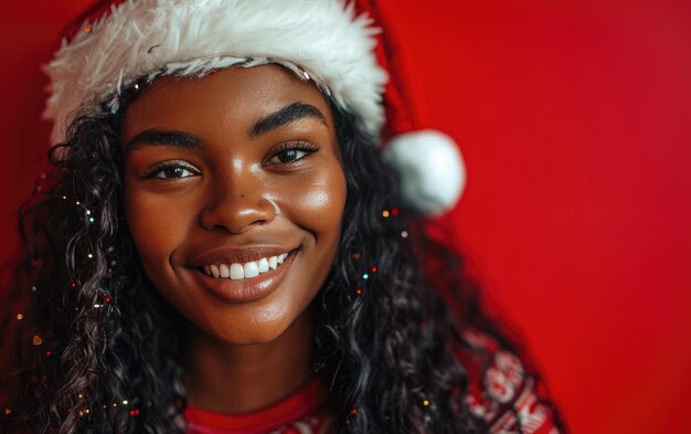 Gelukkige Afro-Amerikaanse meisje met een kerstmanhoed op de achtergrond van Kerstmis