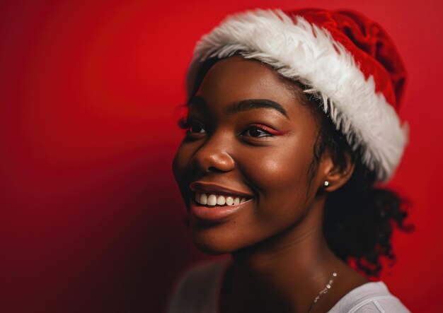 Gelukkige Afro-Amerikaanse meisje met een kerstmanhoed op de achtergrond van Kerstmis