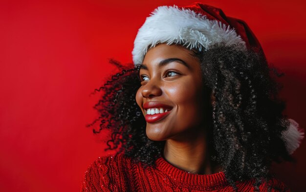 Gelukkige Afro-Amerikaanse meisje met een kerstmanhoed op de achtergrond van Kerstmis