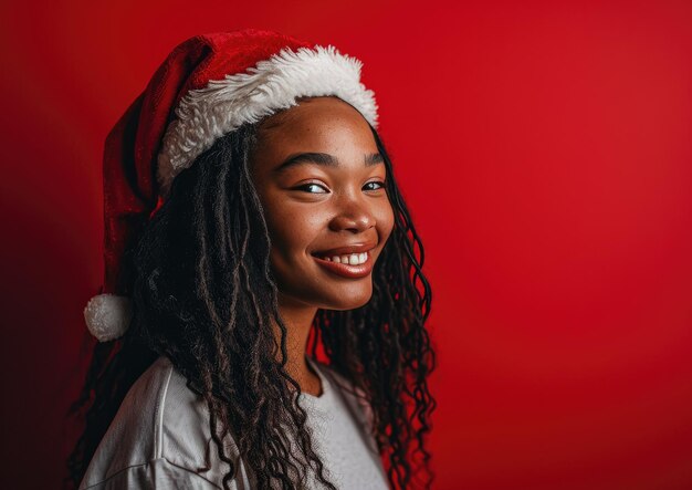 Gelukkige Afro-Amerikaanse meisje met een kerstmanhoed op de achtergrond van Kerstmis