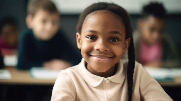 Gelukkige Afro-Amerikaanse meisjeszitting in een klaslokaal op school Generatieve AI AIG21