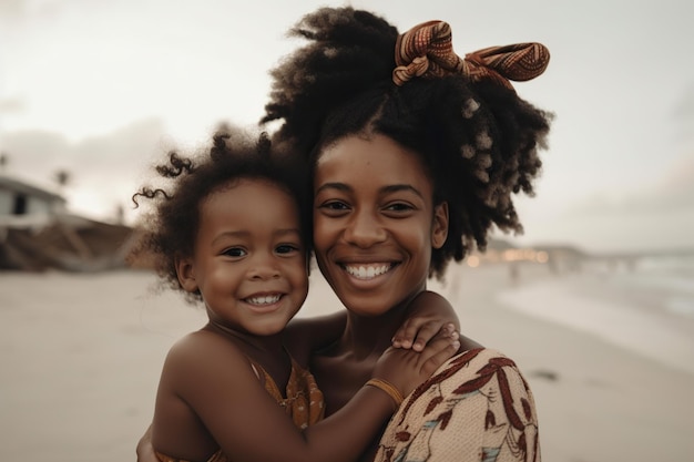 Gelukkige afro-amerikaanse moeder met haar dochter op het strand generatieve ai